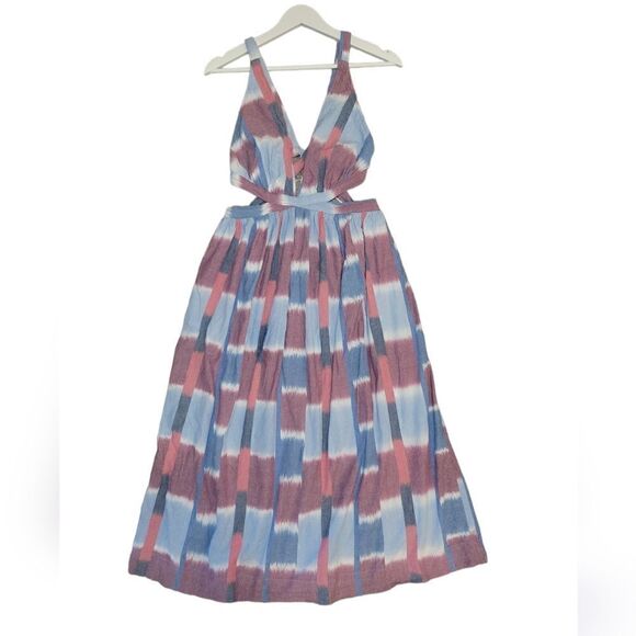 Anthropologie Deep-V Midi Cut Out Strappy Dress Blue Red Watercolor S - Picture 5 of 14